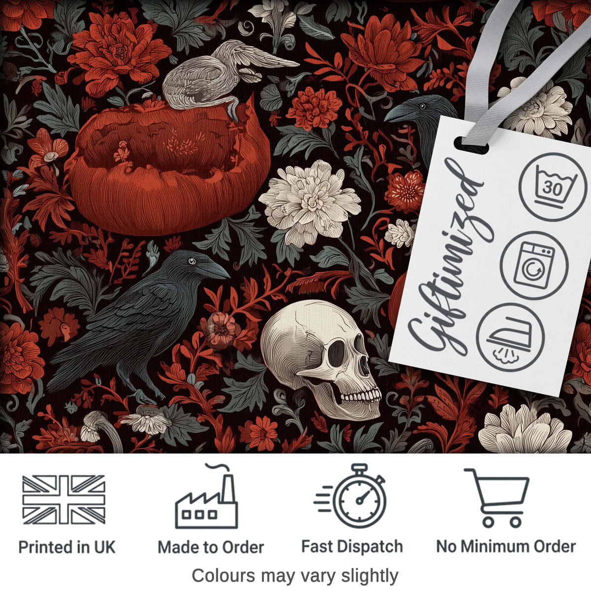 Gothic Raven Skull Pumpkin Floral Dark Seamless Pattern Digital Print Fabric by the Metre UK Sewing Quilting Textile