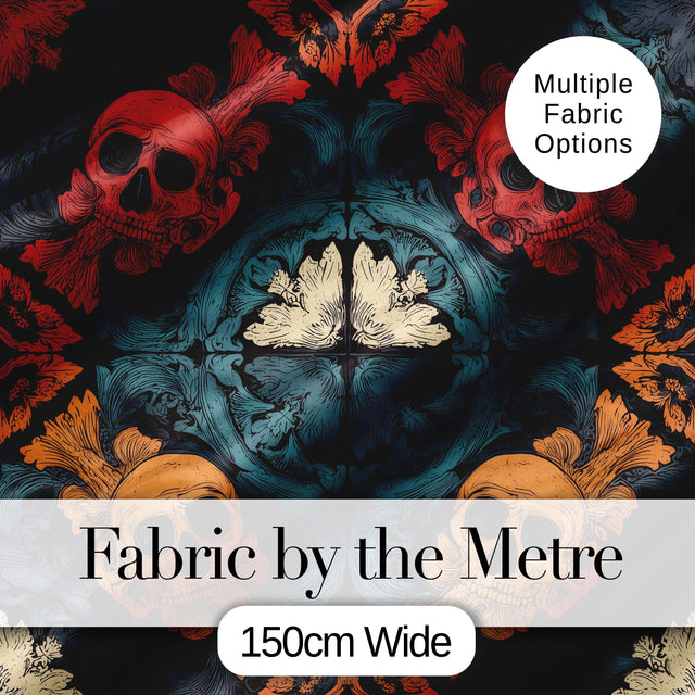Ornate Skull Floral Symmetry Dark Gothic Seamless Pattern Digital Print Fabric by the Metre UK Sewing Quilting Textile