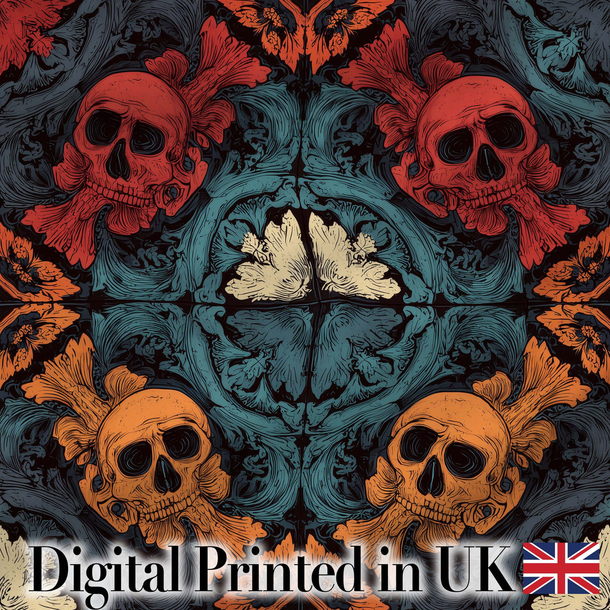 Ornate Skull Floral Symmetry Dark Gothic Seamless Pattern Digital Print Fabric by the Metre UK Sewing Quilting Textile