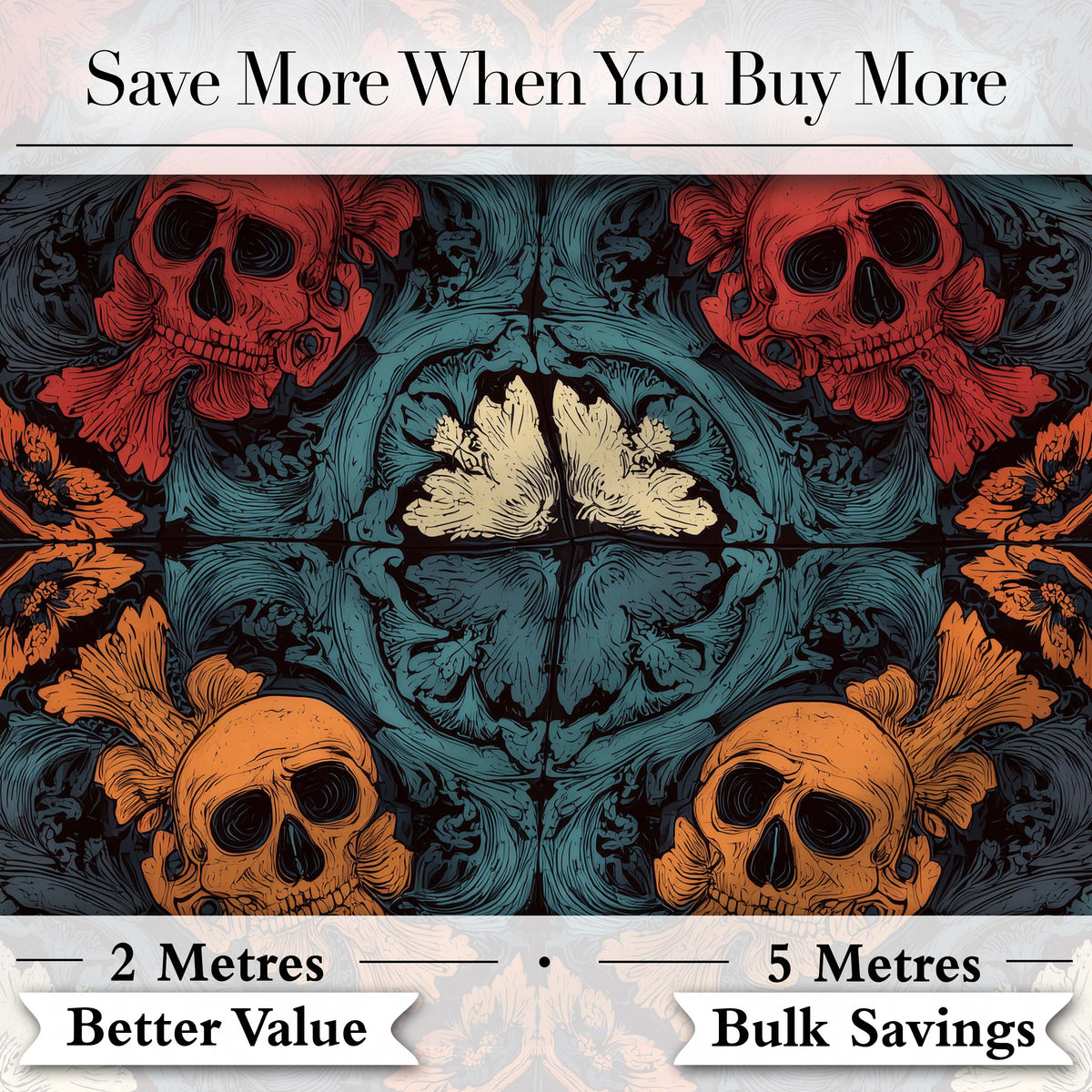 Ornate Skull Floral Symmetry Dark Gothic Seamless Pattern Digital Print Fabric by the Metre UK Sewing Quilting Textile