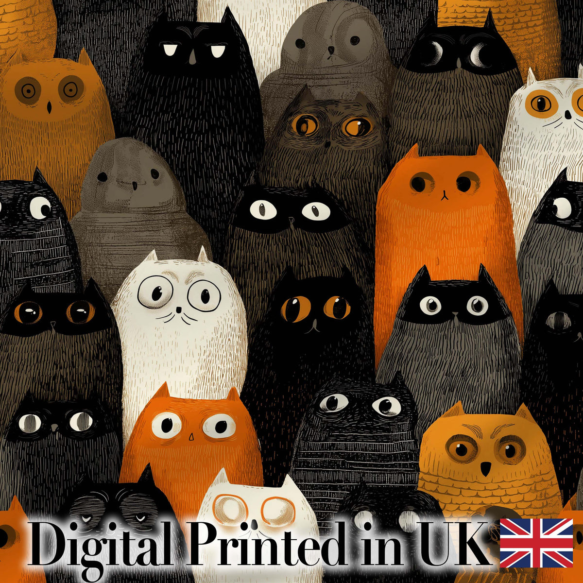 Cute Halloween Cats Black Orange Neutral Tones Seamless Pattern Digital Print Fabric by the Metre UK Sewing Quilting Textile