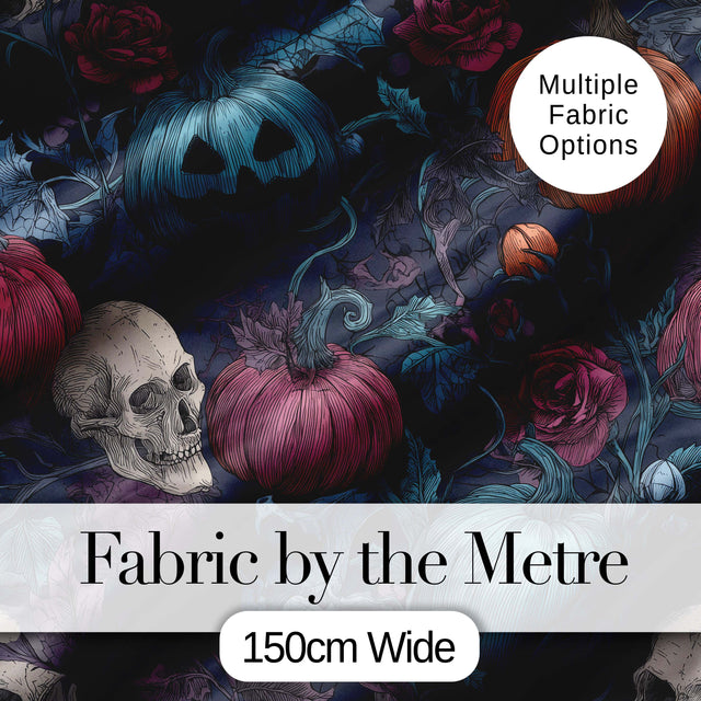 Dark Gothic Pumpkin Skull Floral Vintage Seamless Pattern Digital Print Fabric by the Metre UK Sewing Quilting Textile