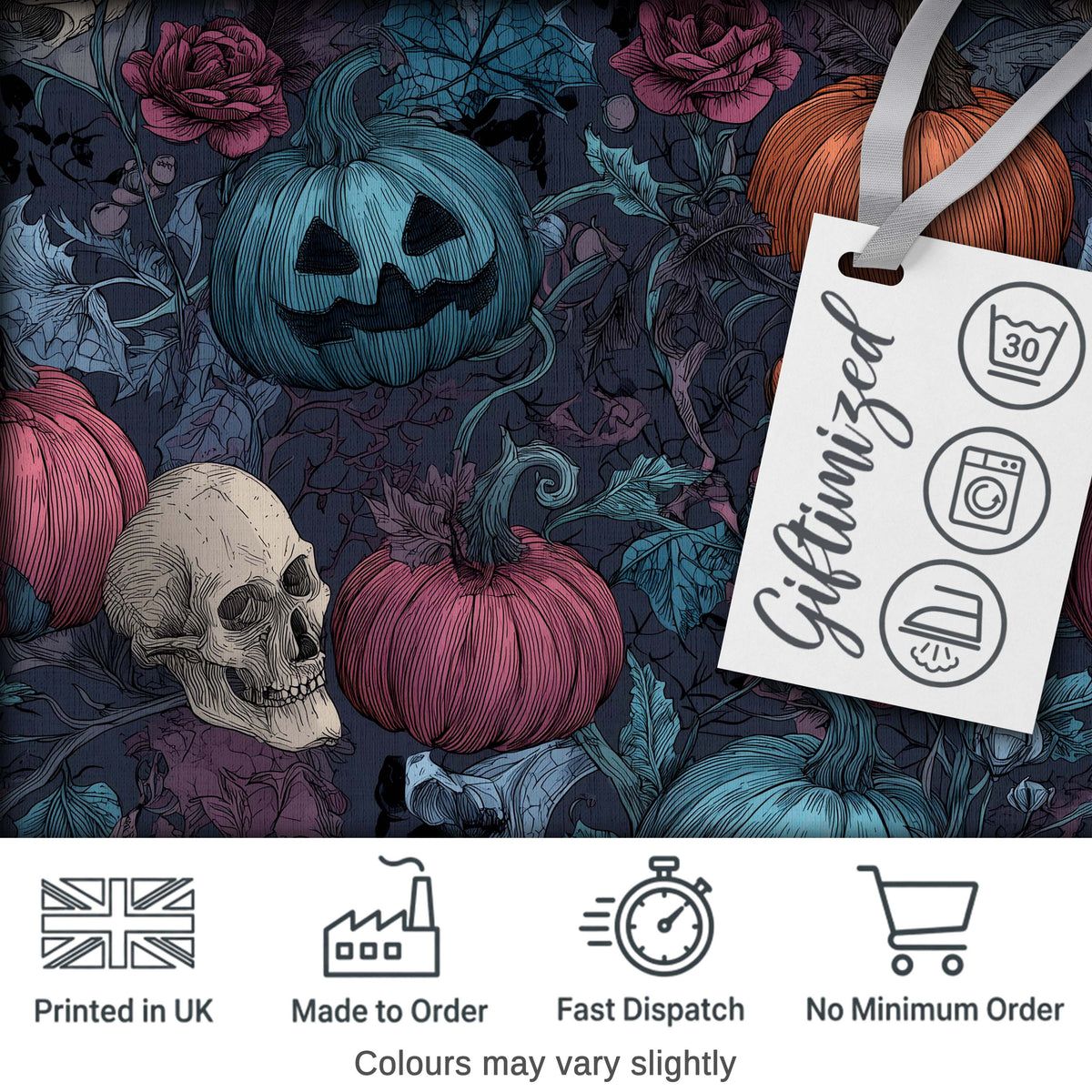 Dark Gothic Pumpkin Skull Floral Vintage Seamless Pattern Digital Print Fabric by the Metre UK Sewing Quilting Textile