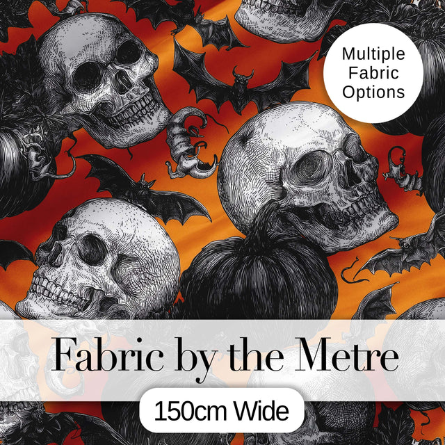 Halloween Skull Bat Pumpkin Orange Background Seamless Pattern Digital Print Fabric by the Metre UK Sewing Quilting Textile