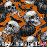 Halloween Skull Bat Pumpkin Orange Background Seamless Pattern Digital Print Fabric by the Metre UK Sewing Quilting Textile