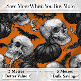 Halloween Skull Bat Pumpkin Orange Background Seamless Pattern Digital Print Fabric by the Metre UK Sewing Quilting Textile