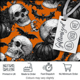 Halloween Skull Bat Pumpkin Orange Background Seamless Pattern Digital Print Fabric by the Metre UK Sewing Quilting Textile