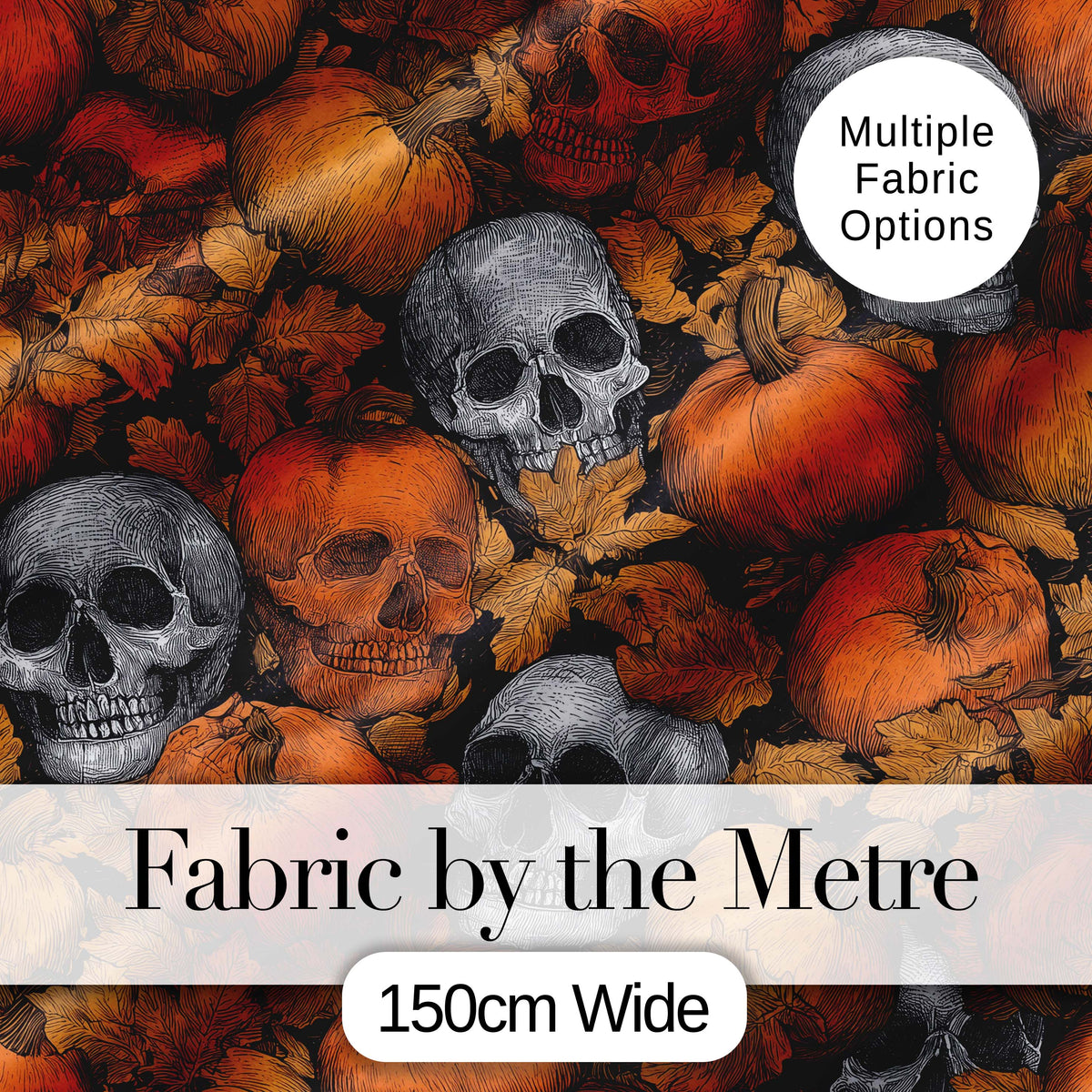 Autumn Skull Pumpkin Leaves Vintage Engraving Seamless Pattern Digital Print Fabric by the Metre UK Sewing Quilting Textile