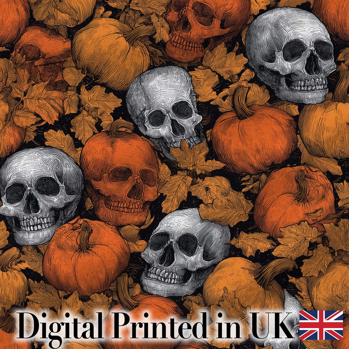 Autumn Skull Pumpkin Leaves Vintage Engraving Seamless Pattern Digital Print Fabric by the Metre UK Sewing Quilting Textile