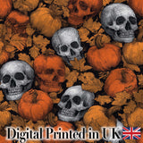 Autumn Skull Pumpkin Leaves Vintage Engraving Seamless Pattern Digital Print Fabric by the Metre UK Sewing Quilting Textile
