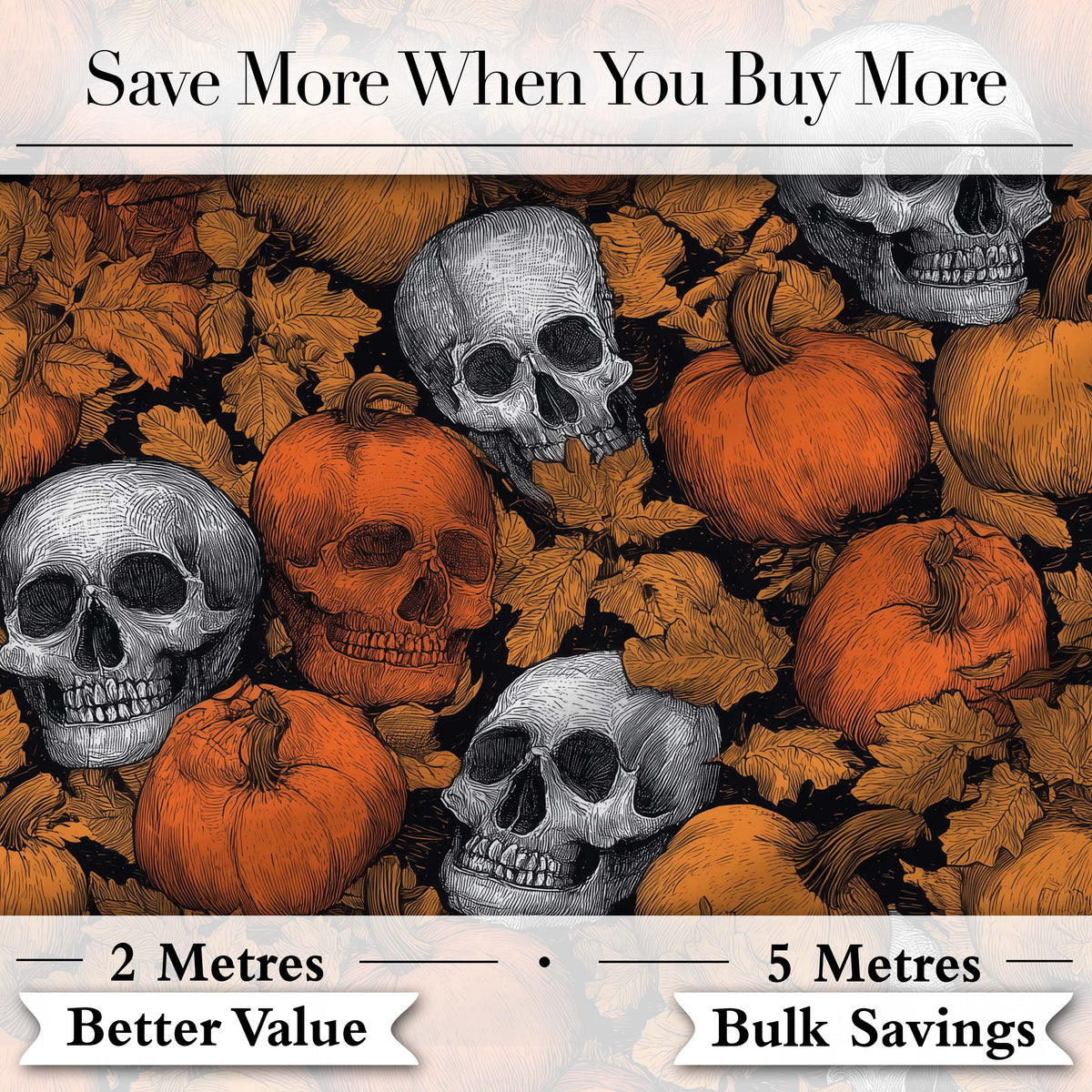 Autumn Skull Pumpkin Leaves Vintage Engraving Seamless Pattern Digital Print Fabric by the Metre UK Sewing Quilting Textile