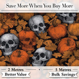 Autumn Skull Pumpkin Leaves Vintage Engraving Seamless Pattern Digital Print Fabric by the Metre UK Sewing Quilting Textile