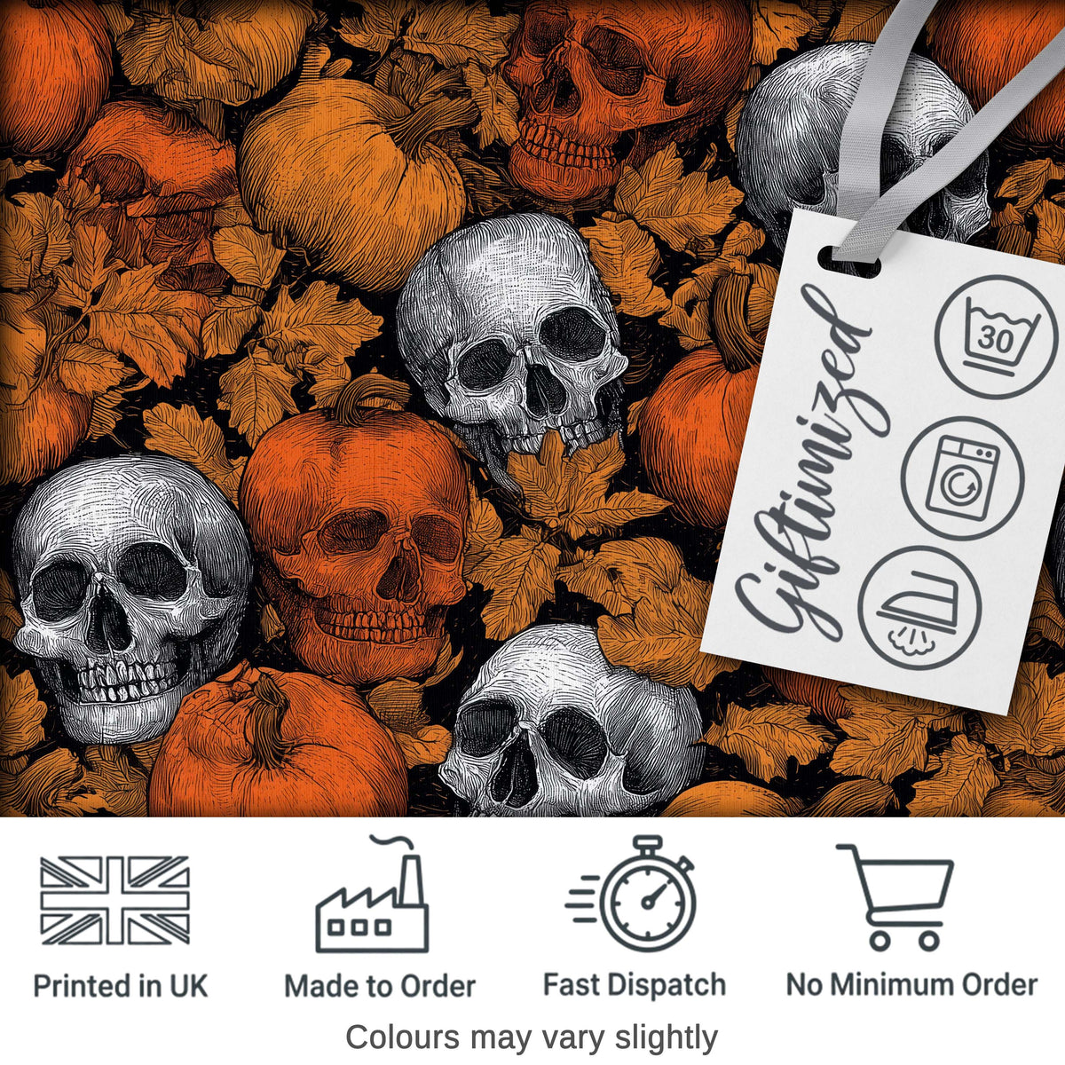 Autumn Skull Pumpkin Leaves Vintage Engraving Seamless Pattern Digital Print Fabric by the Metre UK Sewing Quilting Textile