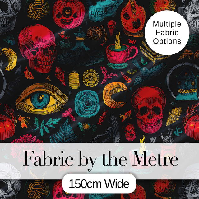 Spooky Halloween Symbols Skull Eye Witchy Seamless Pattern Digital Print Fabric by the Metre UK Sewing Quilting Textile
