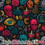 Spooky Halloween Symbols Skull Eye Witchy Seamless Pattern Digital Print Fabric by the Metre UK Sewing Quilting Textile