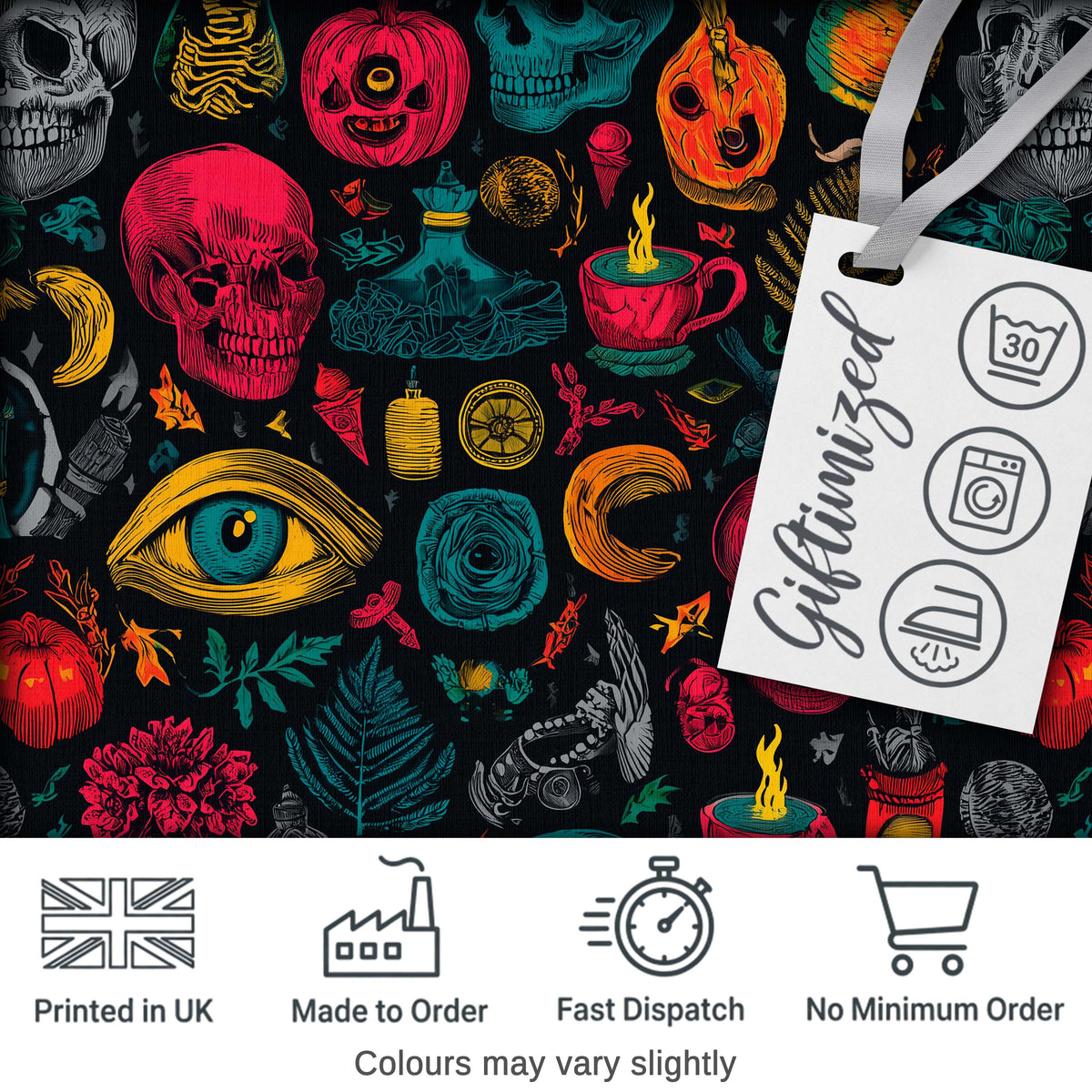 Spooky Halloween Symbols Skull Eye Witchy Seamless Pattern Digital Print Fabric by the Metre UK Sewing Quilting Textile