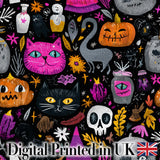 Cute Halloween Cat Swan Pumpkin Magic Seamless Pattern Digital Print Fabric by the Metre UK Sewing Quilting Textile