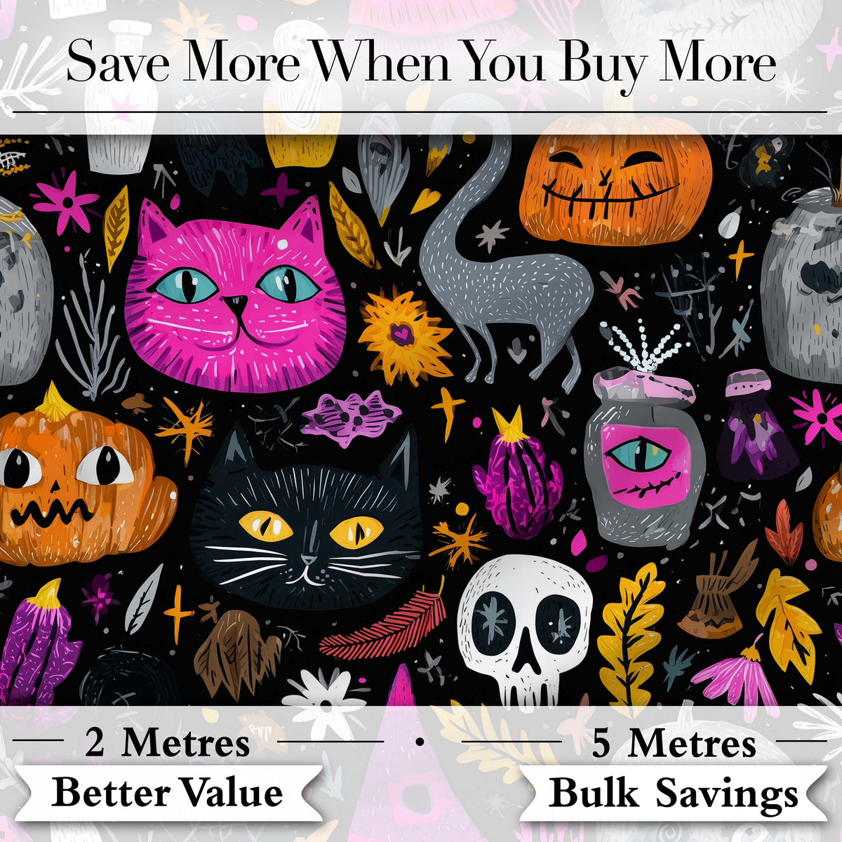 Cute Halloween Cat Swan Pumpkin Magic Seamless Pattern Digital Print Fabric by the Metre UK Sewing Quilting Textile