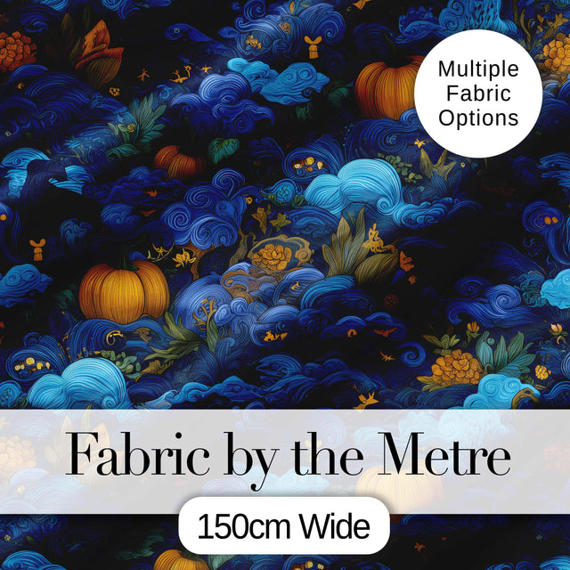 Abstract Blue Pumpkin Fantasy Landscape Seamless Pattern Digital Print Fabric by the Metre UK Sewing Quilting Textile