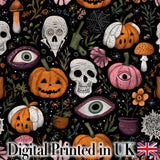 Spooky Skull Eye Pumpkin Witchcraft Seamless Pattern Digital Print Fabric by the Metre UK Sewing Quilting Textile