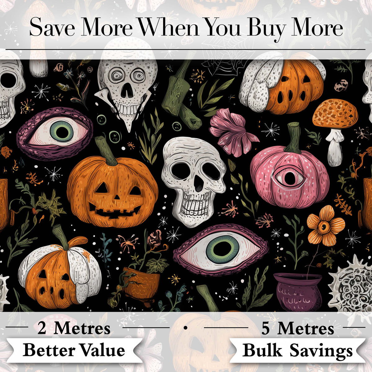 Spooky Skull Eye Pumpkin Witchcraft Seamless Pattern Digital Print Fabric by the Metre UK Sewing Quilting Textile