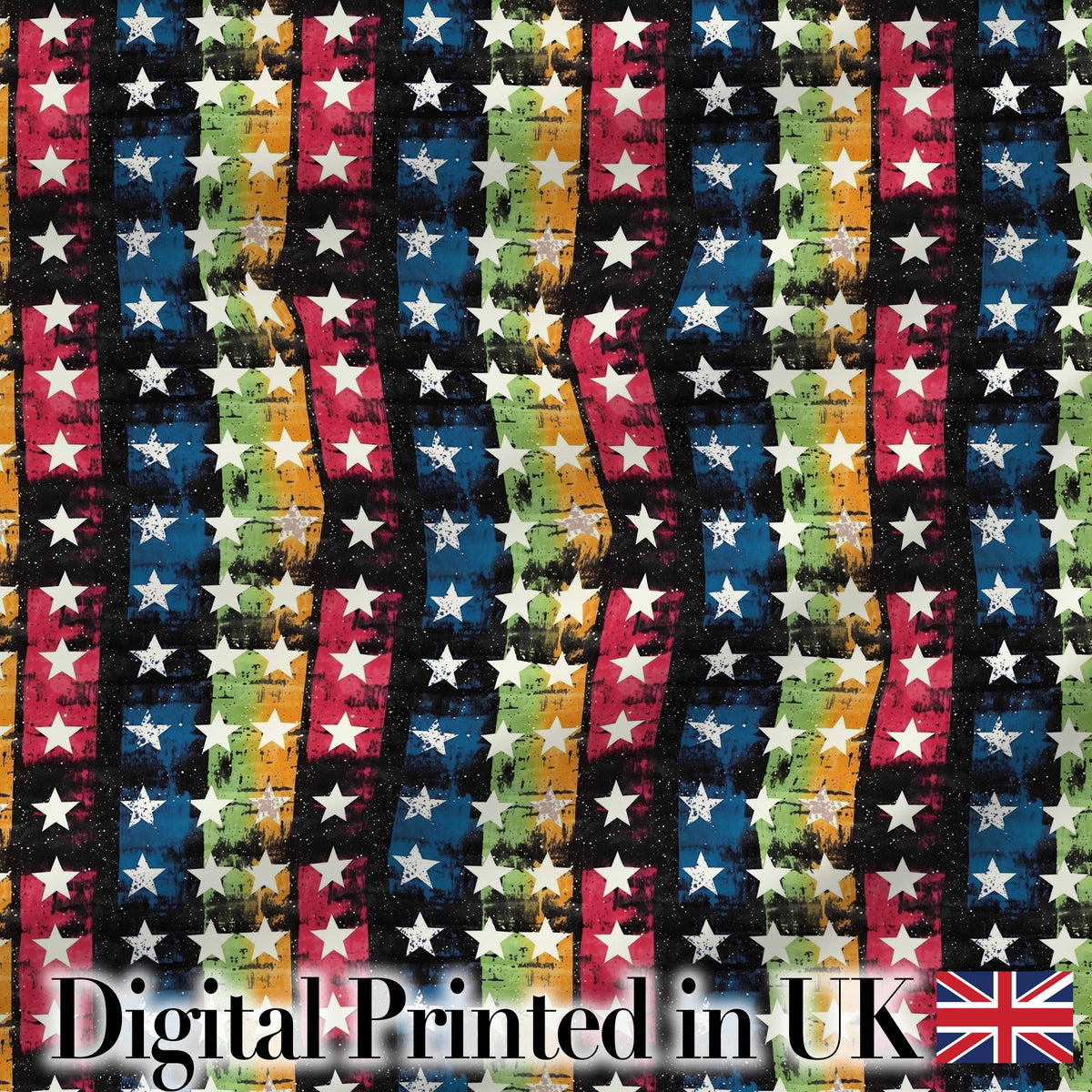 Grunge Rainbow Stripe Stars Dark Background Seamless Pattern Digital Print Fabric by the Metre UK Sewing Quilting Textile