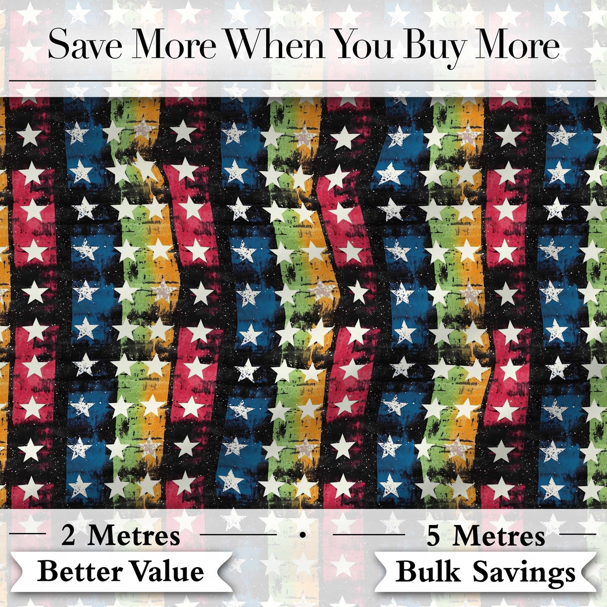 Grunge Rainbow Stripe Stars Dark Background Seamless Pattern Digital Print Fabric by the Metre UK Sewing Quilting Textile