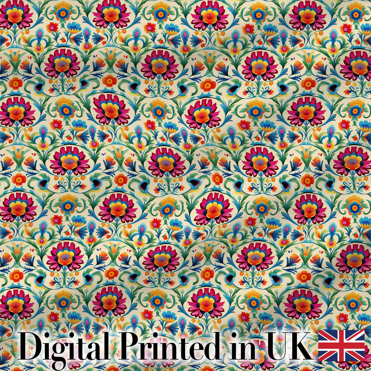 Scandinavian Folk Floral Meadow Bright Flowers Seamless Pattern Digital Print Fabric by the Metre UK Sewing Quilting Textile
