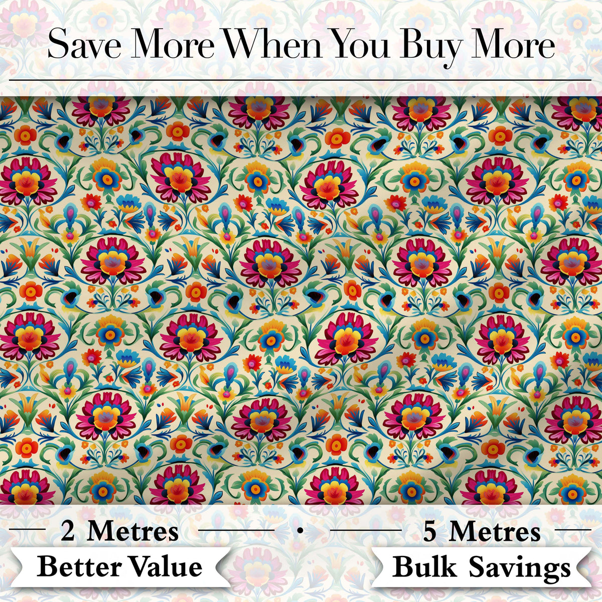 Scandinavian Folk Floral Meadow Bright Flowers Seamless Pattern Digital Print Fabric by the Metre UK Sewing Quilting Textile
