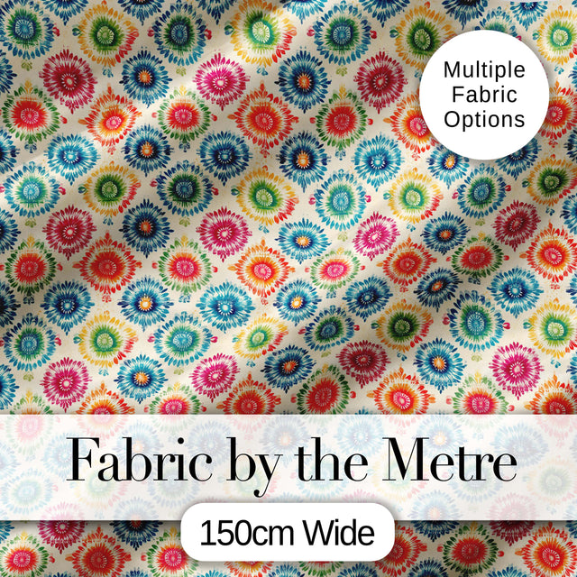 Colorful Folk Floral Medallion  Style Seamless Pattern Digital Print Fabric by the Metre UK Sewing Quilting Textile