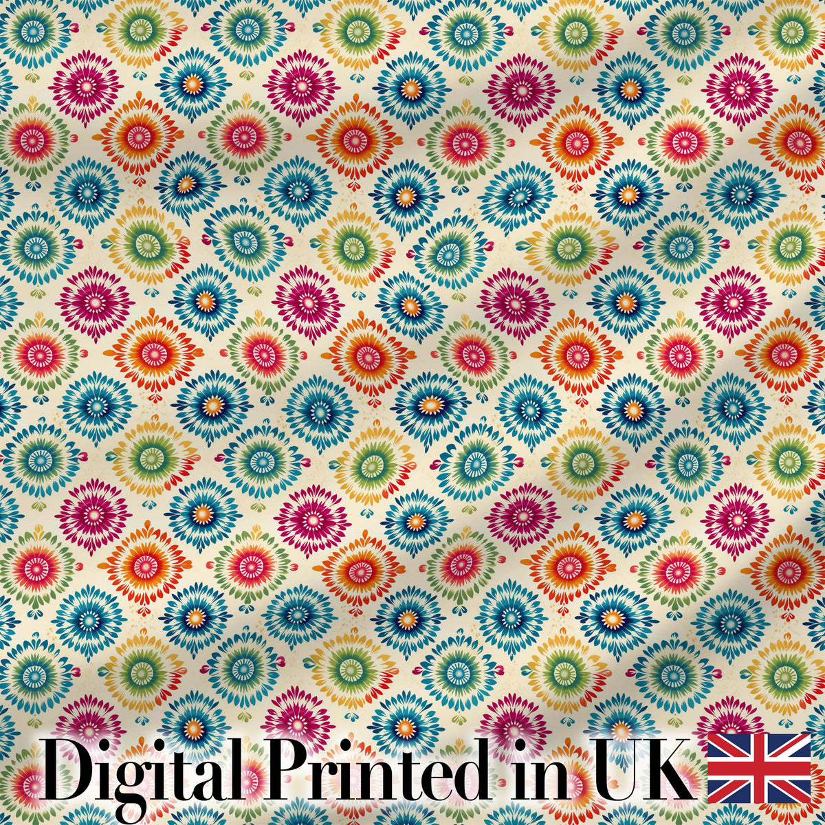 Colorful Folk Floral Medallion  Style Seamless Pattern Digital Print Fabric by the Metre UK Sewing Quilting Textile