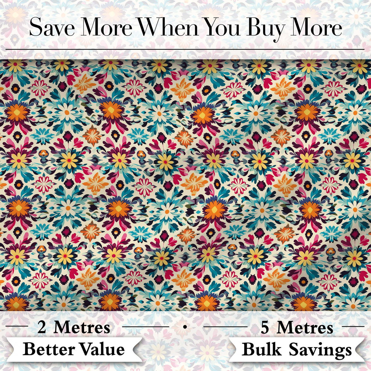 Bohemian Floral Tile Symmetry Vibrant Garden Seamless Pattern Digital Print Fabric by the Metre UK Sewing Quilting Textile