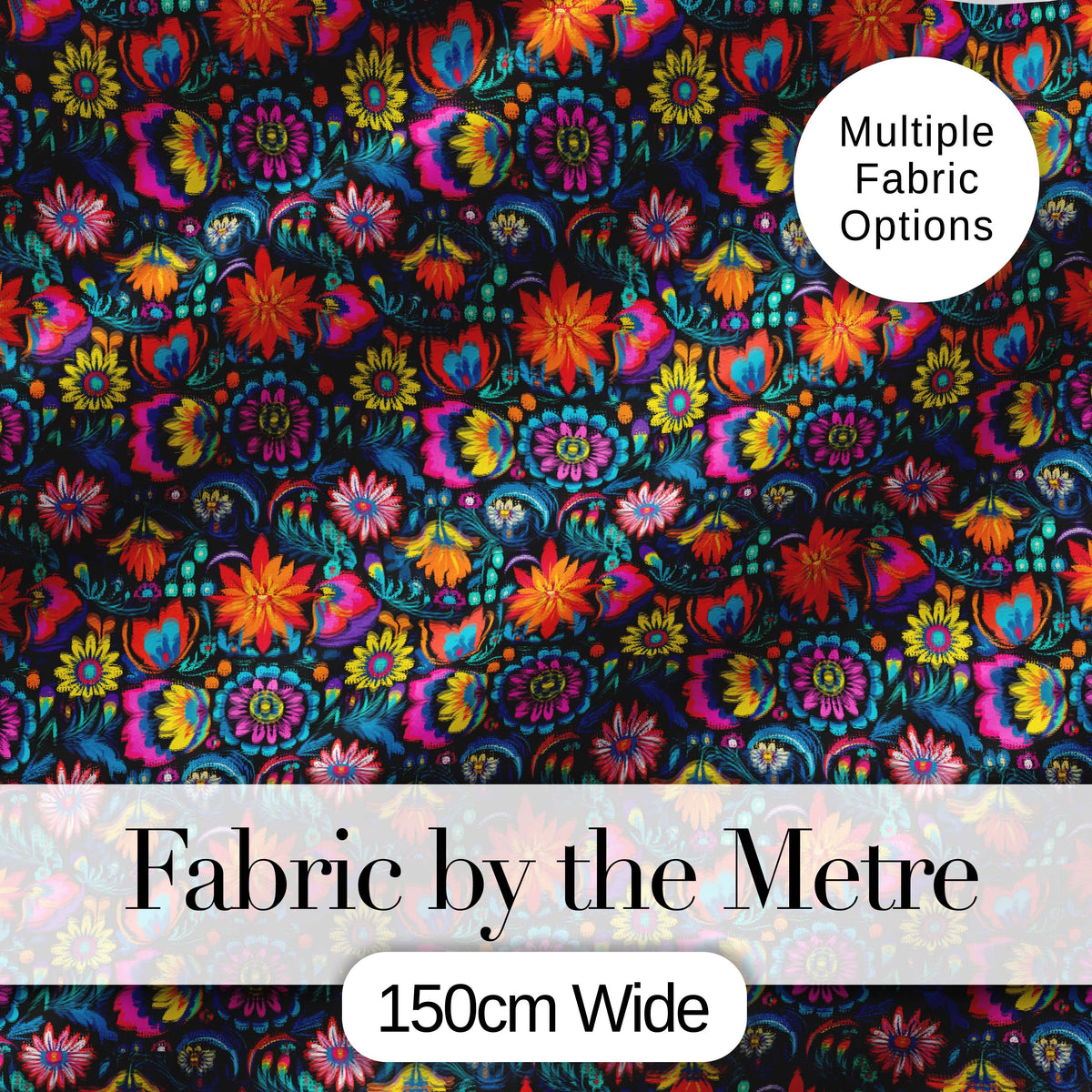 Bright Neon Folk Floral Black Background Seamless Pattern Digital Print Fabric by the Metre UK Sewing Quilting Textile