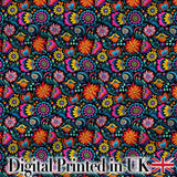 Bright Neon Folk Floral Black Background Seamless Pattern Digital Print Fabric by the Metre UK Sewing Quilting Textile