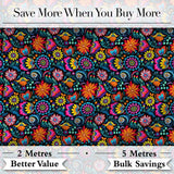 Bright Neon Folk Floral Black Background Seamless Pattern Digital Print Fabric by the Metre UK Sewing Quilting Textile