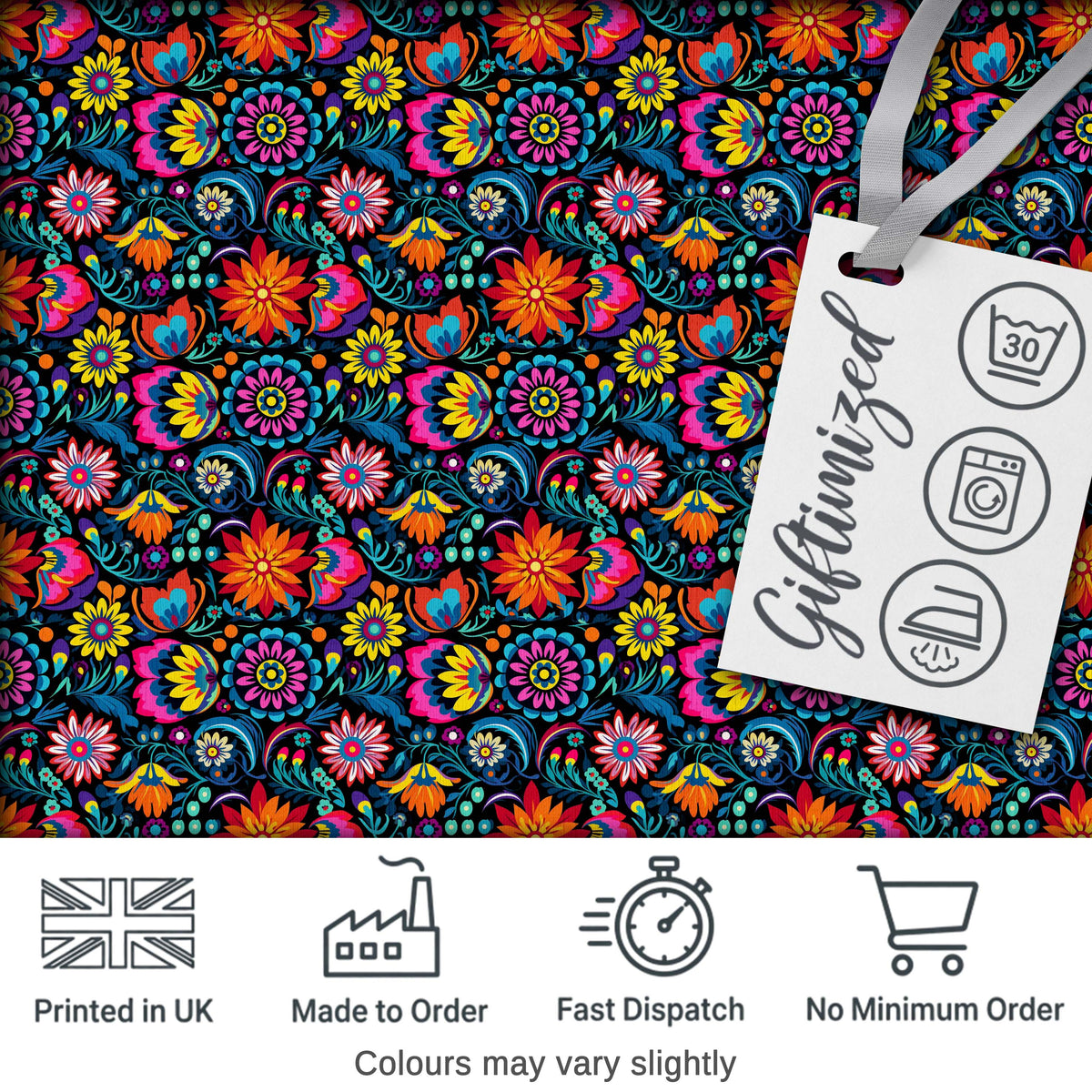 Bright Neon Folk Floral Black Background Seamless Pattern Digital Print Fabric by the Metre UK Sewing Quilting Textile
