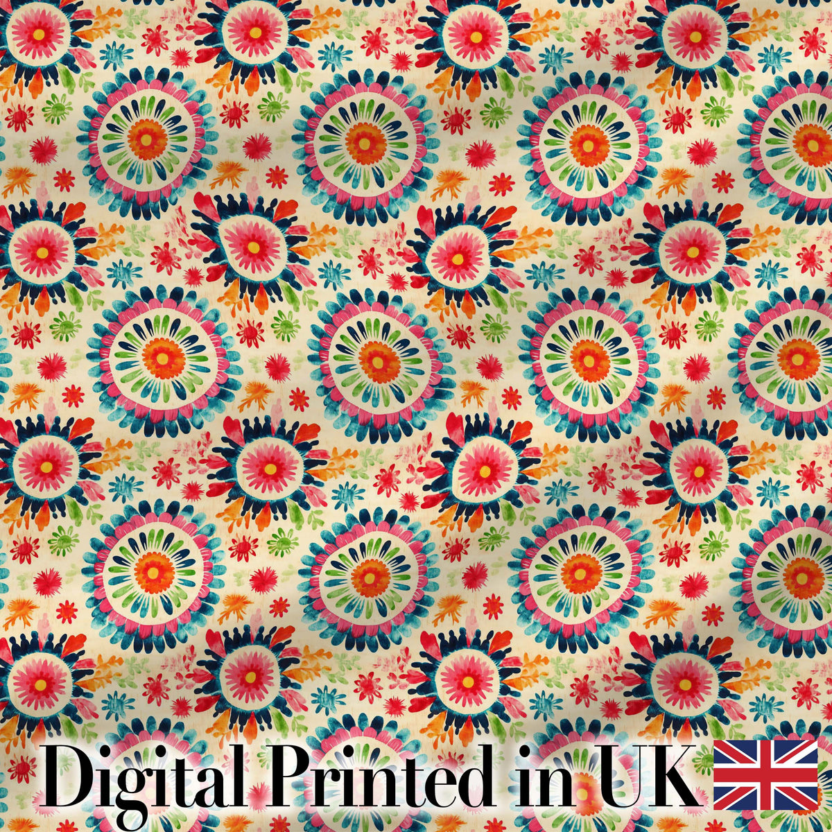 Bright Folk Art Floral Burst  Circle Seamless Pattern Digital Print Fabric by the Metre UK Sewing Quilting Textile