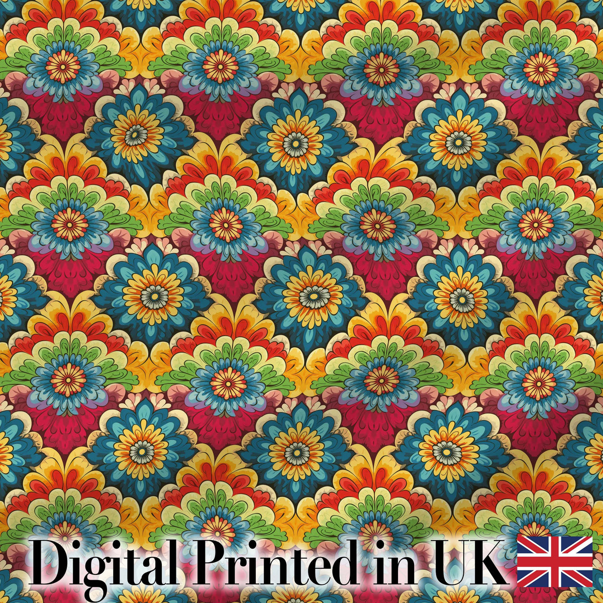 Colorful  Floral Tile Bold Symmetry Seamless Pattern Digital Print Fabric by the Metre UK Sewing Quilting Textile