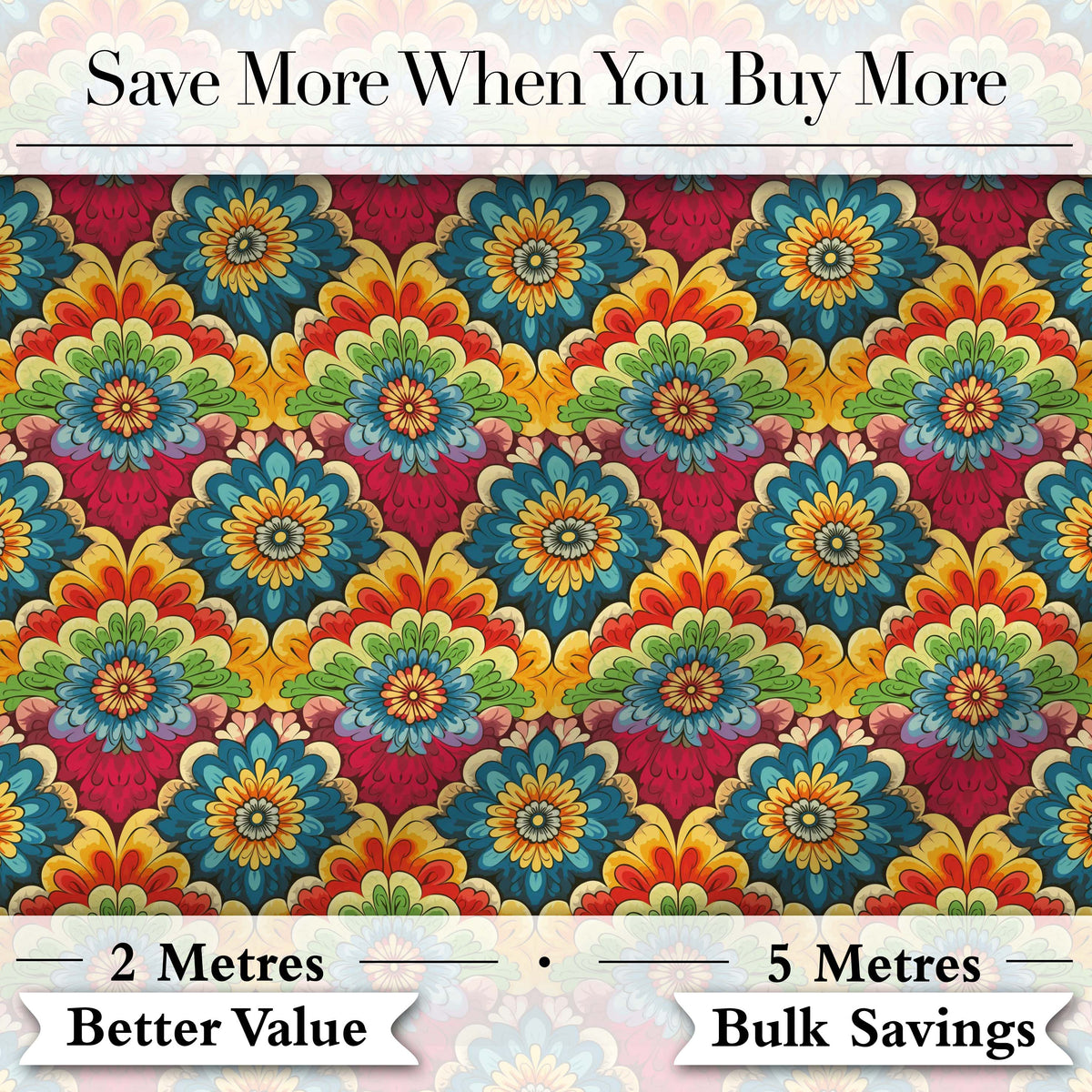 Colorful  Floral Tile Bold Symmetry Seamless Pattern Digital Print Fabric by the Metre UK Sewing Quilting Textile