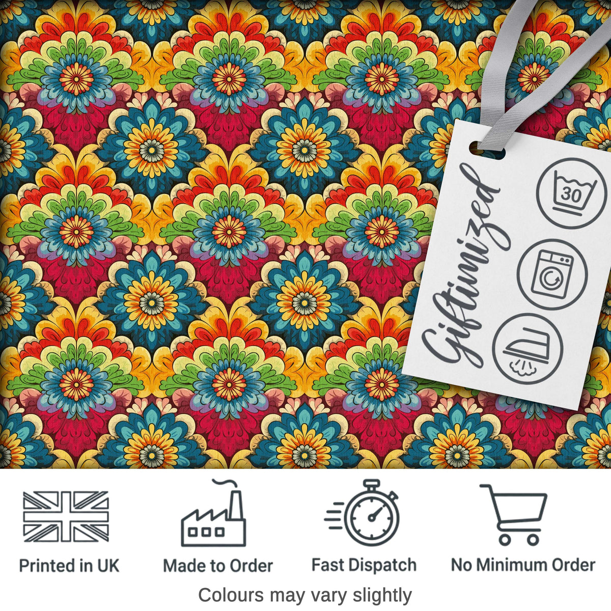 Colorful  Floral Tile Bold Symmetry Seamless Pattern Digital Print Fabric by the Metre UK Sewing Quilting Textile