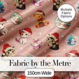 Cute Christmas Cats Teddy Pink Background Seamless Pattern Digital Print Fabric by the Metre UK Sewing Quilting Textile