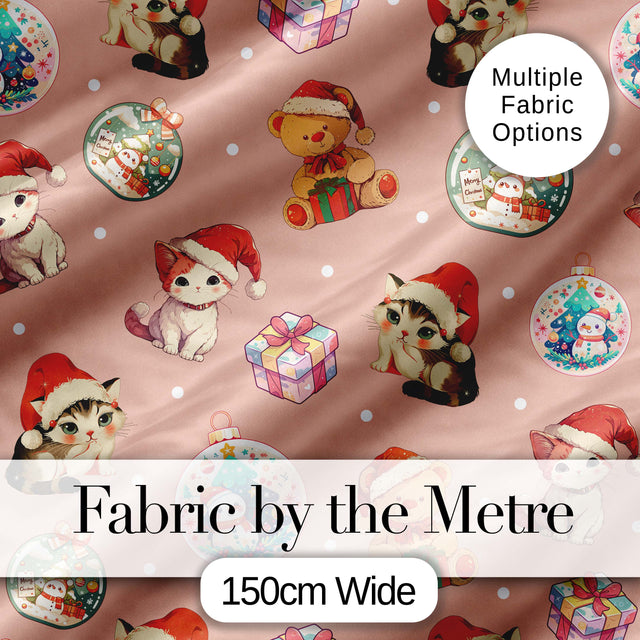 Cute Christmas Cats Teddy Pink Background Seamless Pattern Digital Print Fabric by the Metre UK Sewing Quilting Textile