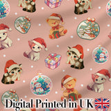 Cute Christmas Cats Teddy Pink Background Seamless Pattern Digital Print Fabric by the Metre UK Sewing Quilting Textile