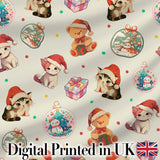 Cute Christmas Cats Teddy Cream Background Seamless Pattern Digital Print Fabric by the Metre UK Sewing Quilting Textile