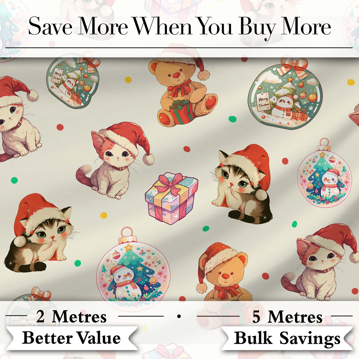 Cute Christmas Cats Teddy Cream Background Seamless Pattern Digital Print Fabric by the Metre UK Sewing Quilting Textile