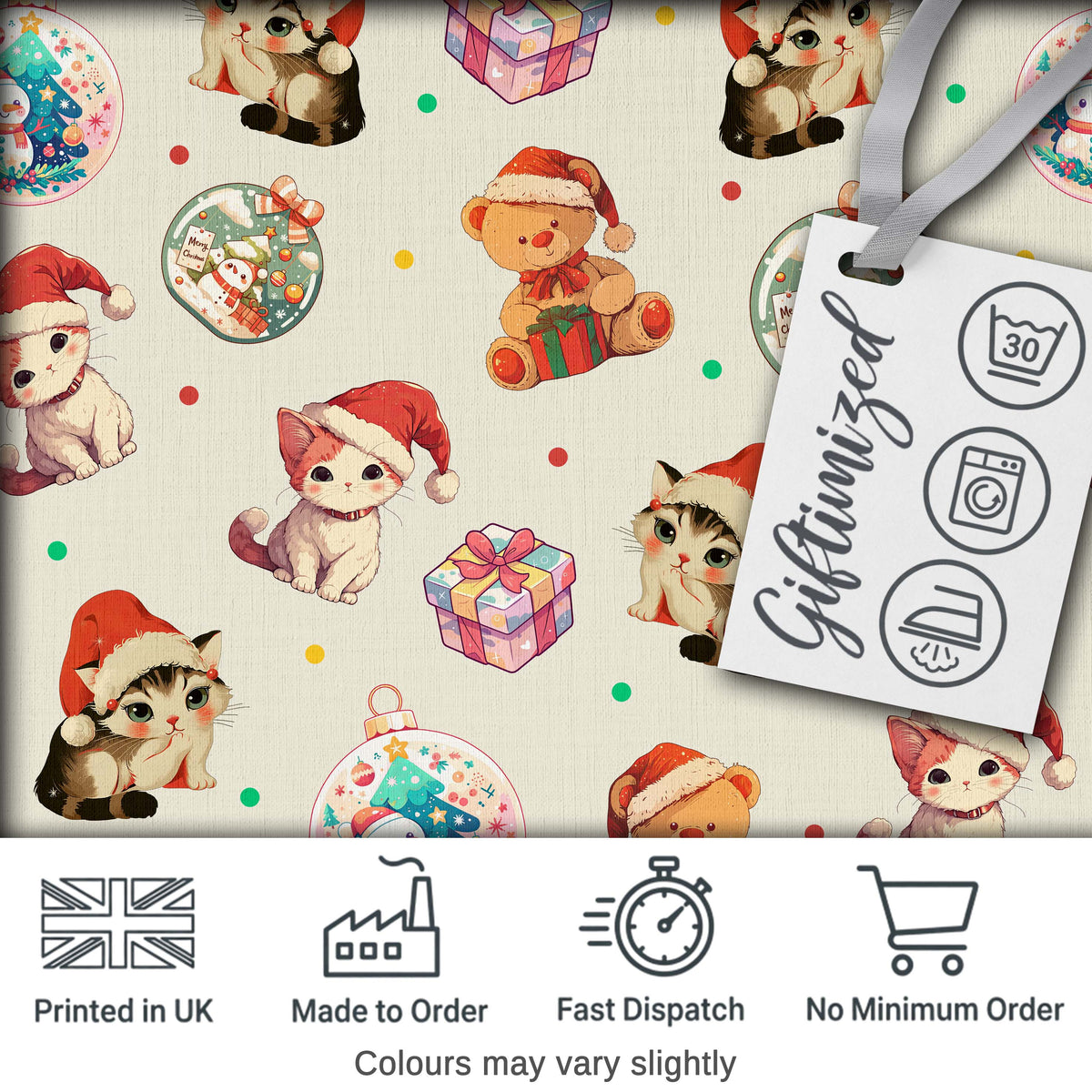 Cute Christmas Cats Teddy Cream Background Seamless Pattern Digital Print Fabric by the Metre UK Sewing Quilting Textile