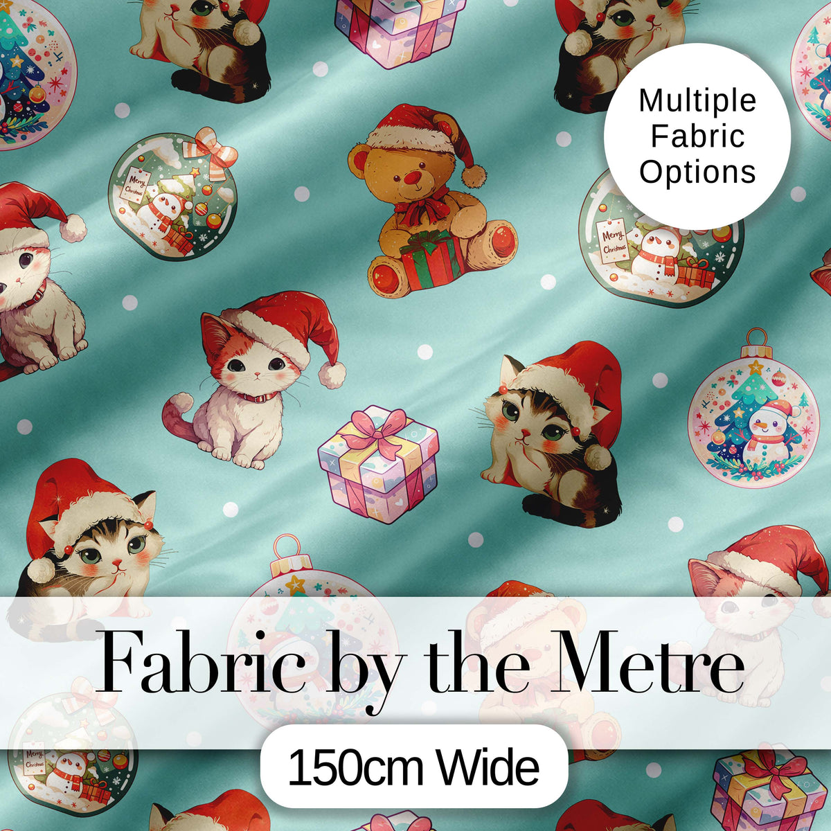 Cute Christmas Cats Teddy Gift Baubles Seamless Pattern Digital Print Fabric by the Metre UK Sewing Quilting Textile