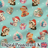 Cute Christmas Cats Teddy Gift Baubles Seamless Pattern Digital Print Fabric by the Metre UK Sewing Quilting Textile