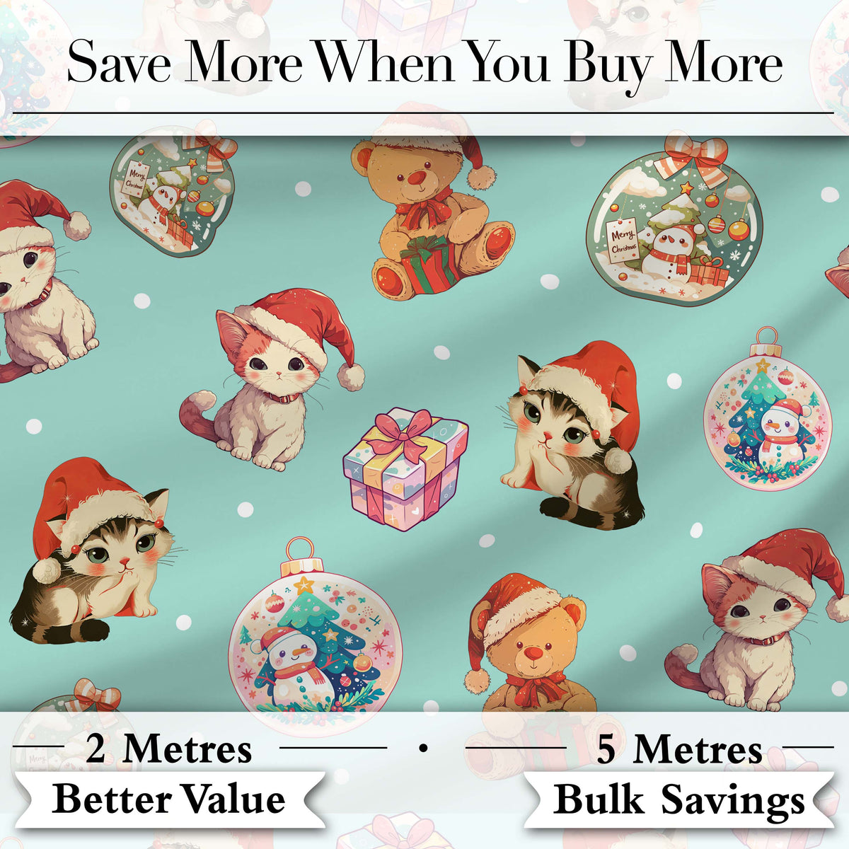 Cute Christmas Cats Teddy Gift Baubles Seamless Pattern Digital Print Fabric by the Metre UK Sewing Quilting Textile
