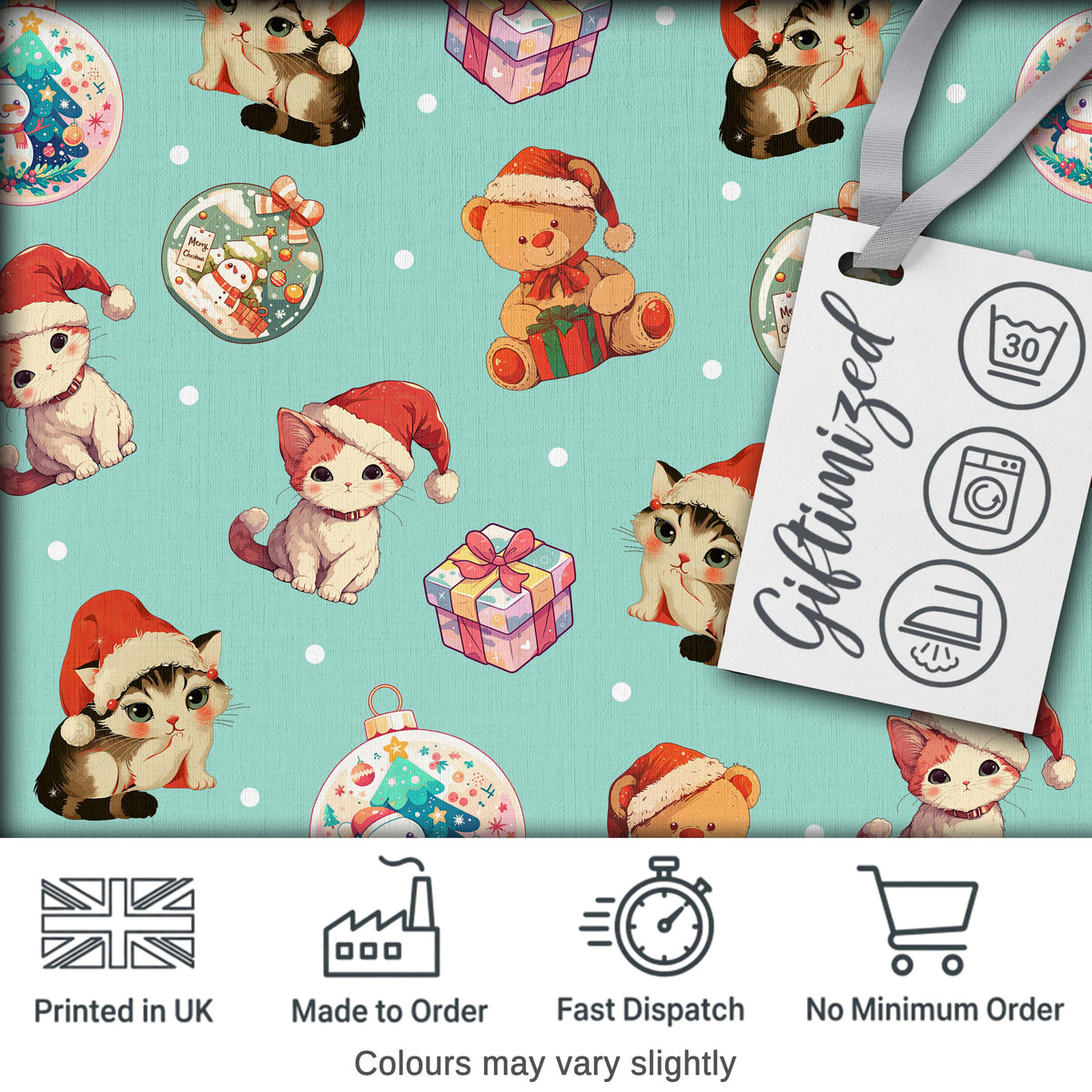 Cute Christmas Cats Teddy Gift Baubles Seamless Pattern Digital Print Fabric by the Metre UK Sewing Quilting Textile